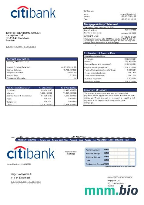 Szwecja Citibank wyciąg z kredytu hipotecznego w formatach Word i PDF